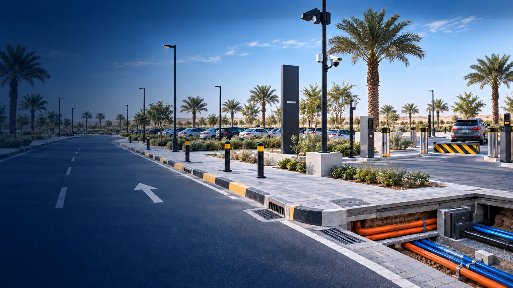 Smart parking infrastructure with barriers, bollards and underground duct routes