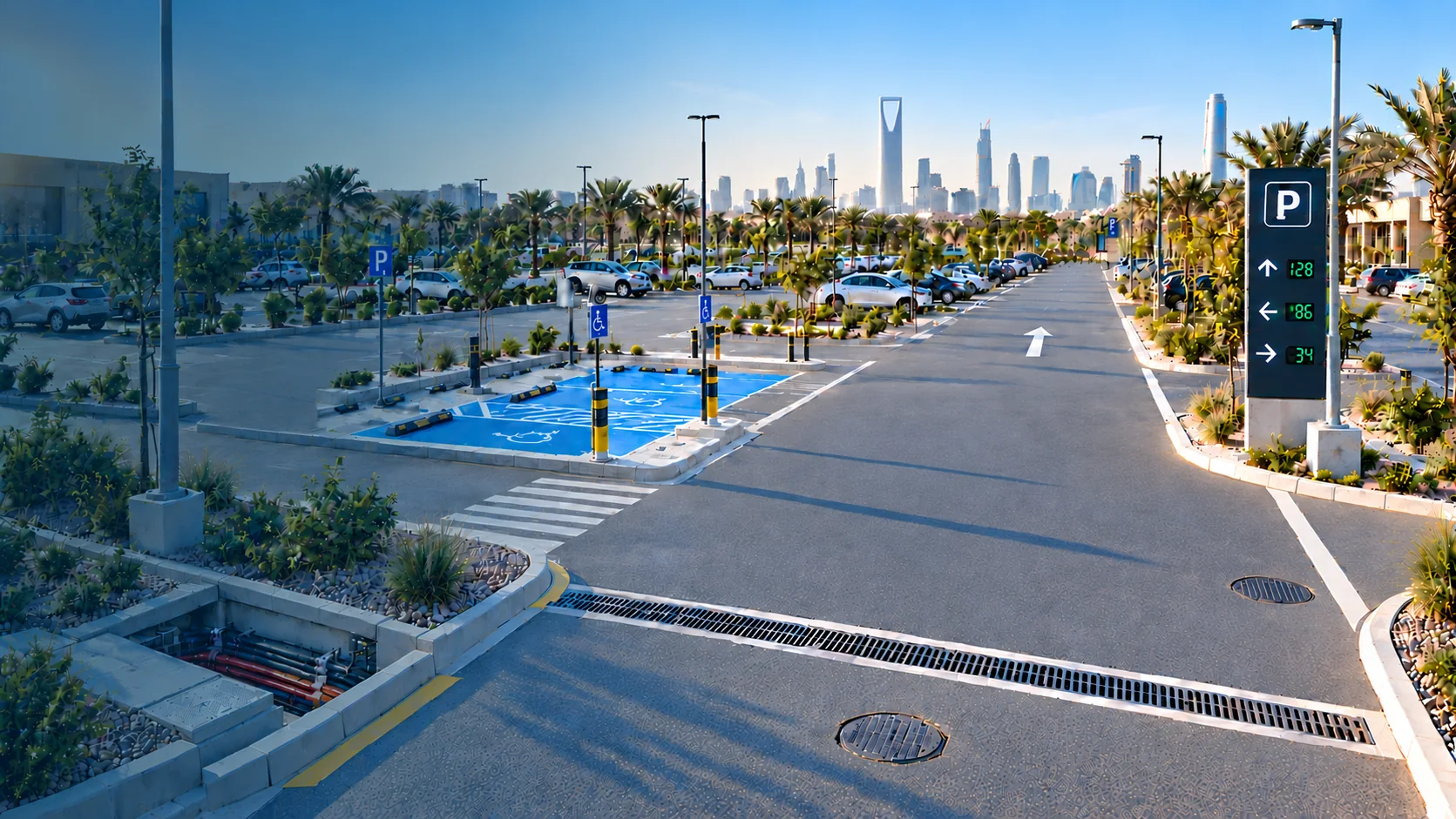 Off-street smart parking with guidance signage and accessible bays