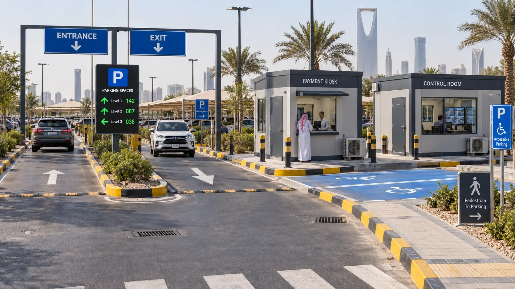 Parking occupancy signage, payment kiosk and control room at a car park entrance